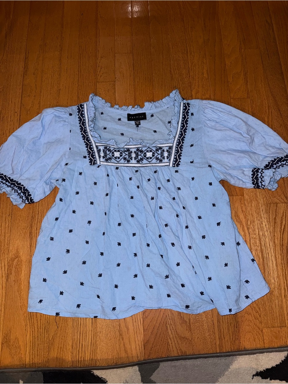 Light Blue Embroidered Square-Neck Top